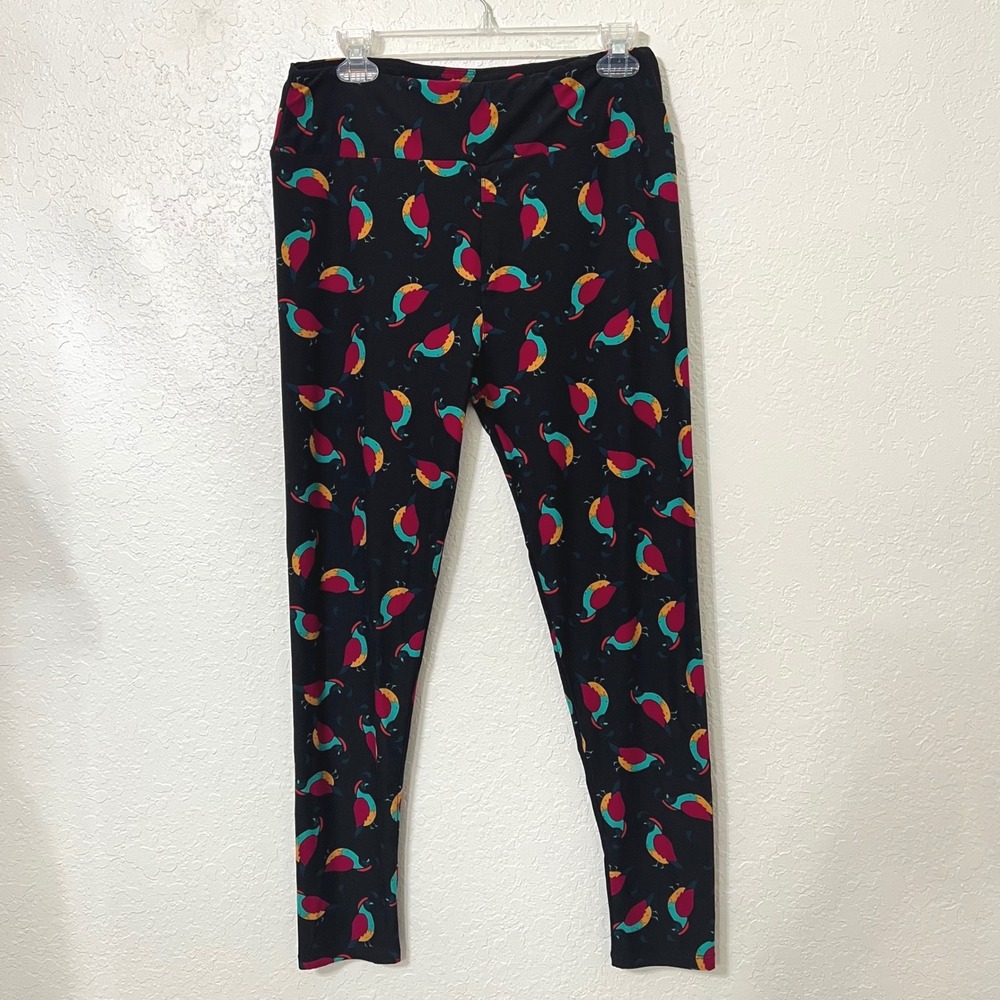 LuLaRoe Tall & Curvy Leggings Black Bird Quail Print Colorful TC High‎ Waisted